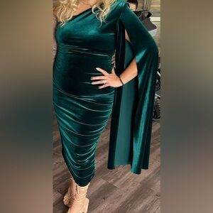 Bottle Green Velvet one shoulder cape dress